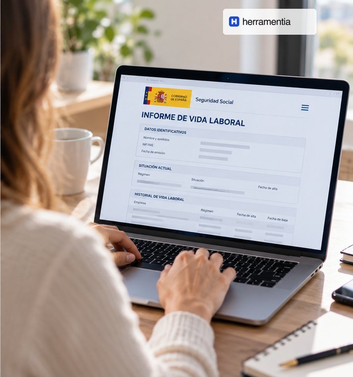 Una persona consulta su informe de vida laboral de la Seguridad Social en el portátil